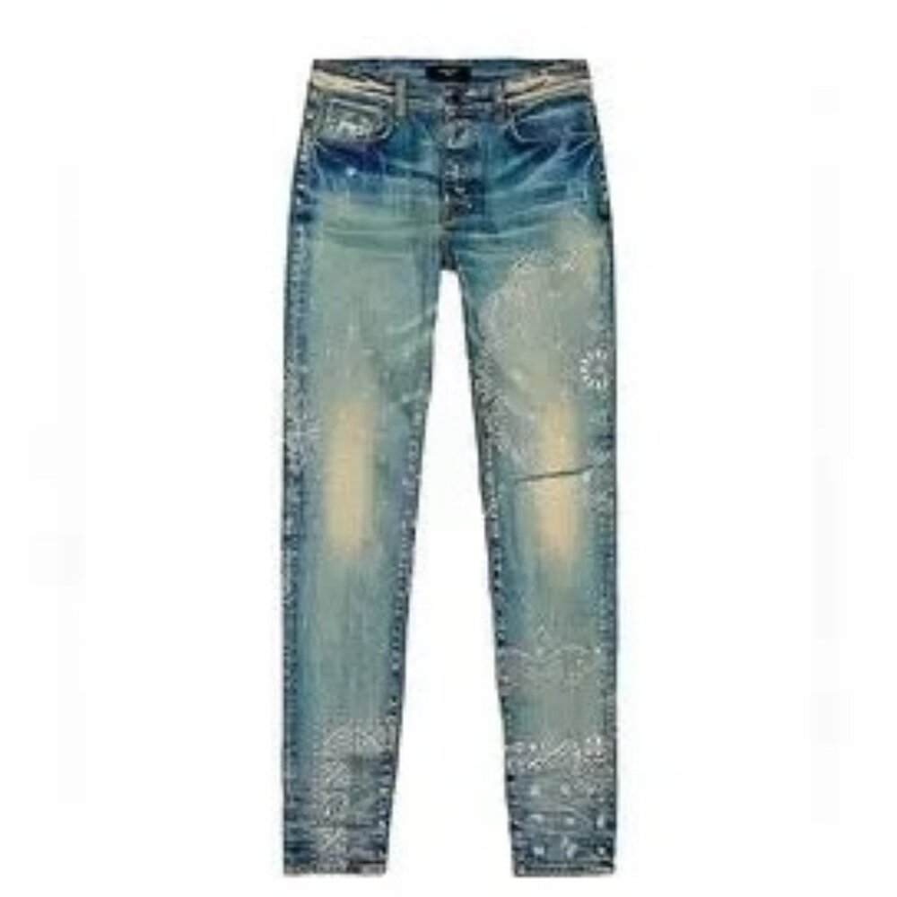 New, unworn Amiri jeans in paisley clay indigo, size 32W Long, authentic :)